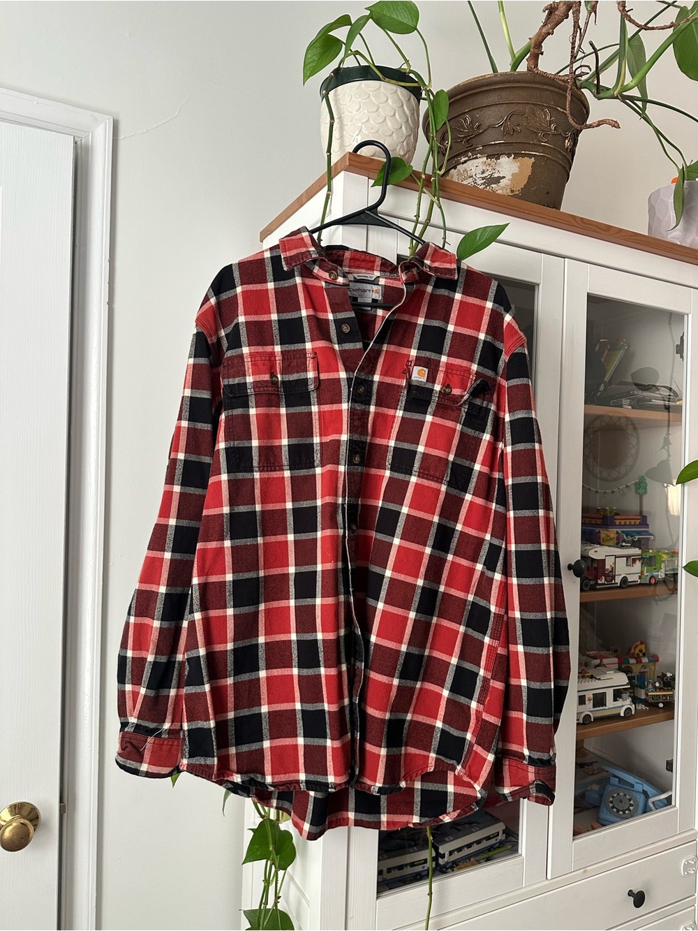 Carhartt Men’s Red and Black Plaid Button-Down Shirt